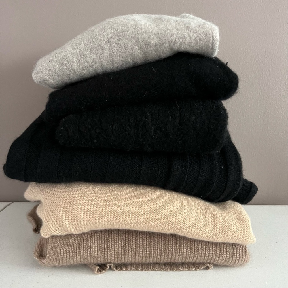 Lot of 6 100% Cashmere Fabric Cutter Craft Upcycle Black Beige DIY Flaws 3.5 oz.